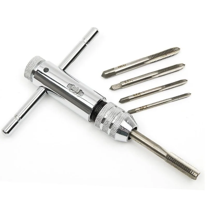 T-Handle Tap Holder Wrench with 5Pcs Metric M3 M4 M5 M6 M8 Machine Screw Taps Set T Type Thread Tapping Tool