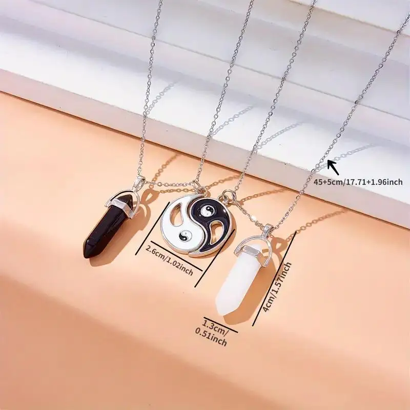 New Yin Yang Tai Chi Natural Stone Crystal Hexagonal Column Pendant Necklace Fashionable Magnetic Pendant Necklace for Couples