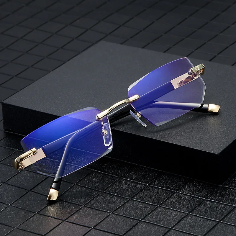 2023 HD trendy designer thin optics rimless chamfered reading glasses anti blue light men women wholesale reader glasses frame