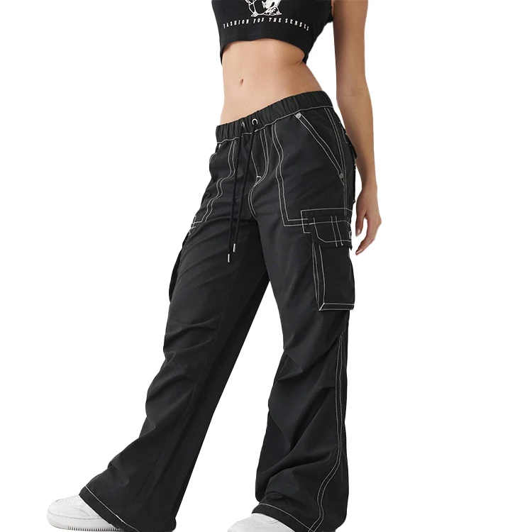 Custom OEM Manufacturer Vintage Pockets High Waist Streetwear baggy Casual ladies Long parachute Cargo Pant for women Trousers