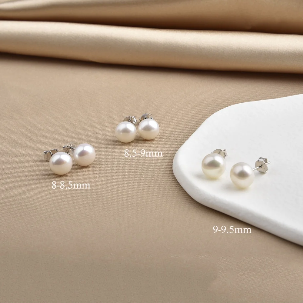 5-12mm Simple Real Freshwater Cultured Pearl Studs Earrings jewelry women White Button 925 Sterling Silver Pearl Earrings