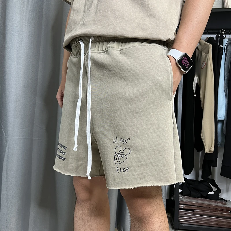 Custom Heavyweight Cotton Men Summer Short Raw Hem Shorts Sports Drawstring Shorts