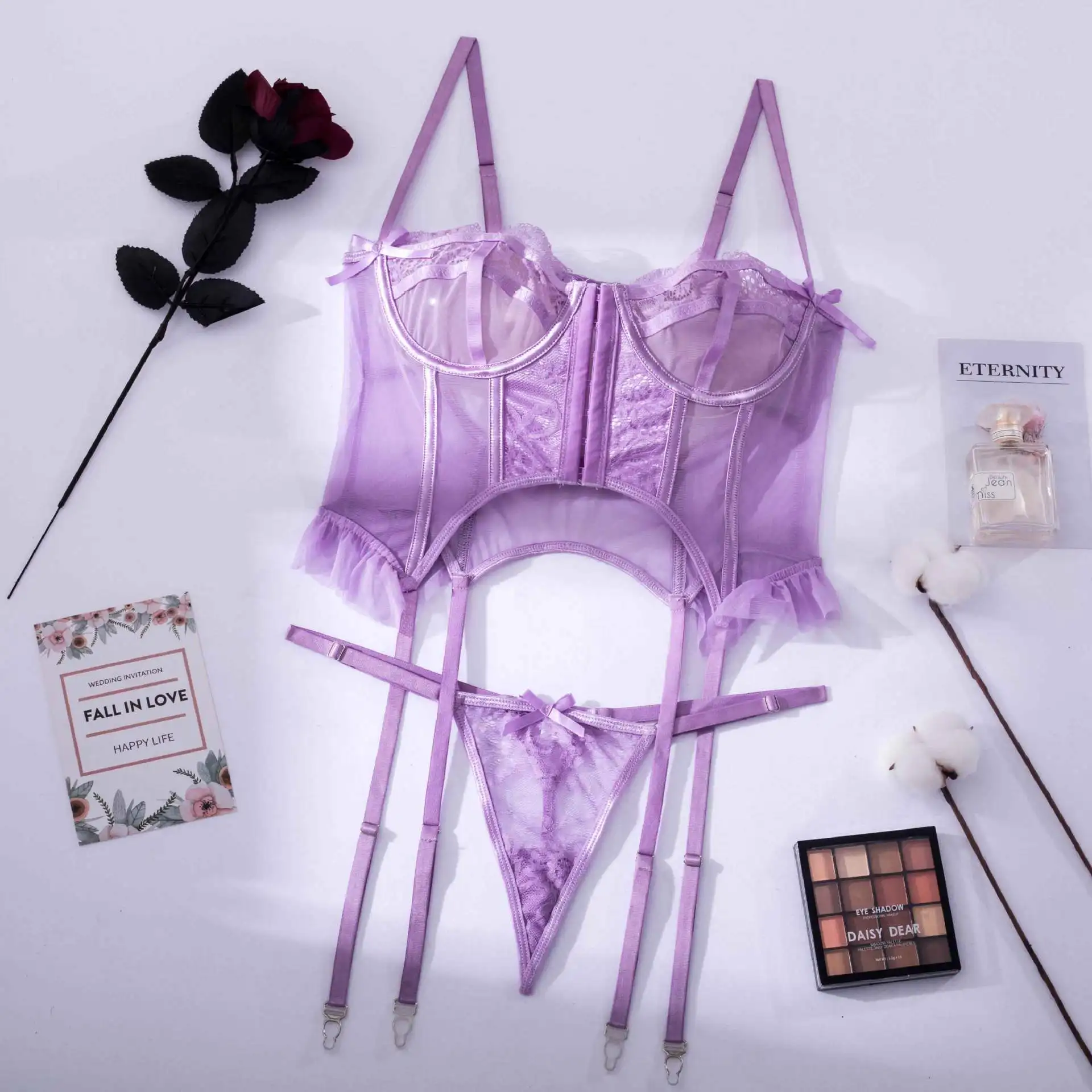 Purple Erotic Lingerie Sets Sensual Extended Bra With Garters Hot Women Transparent Sexy Underwear