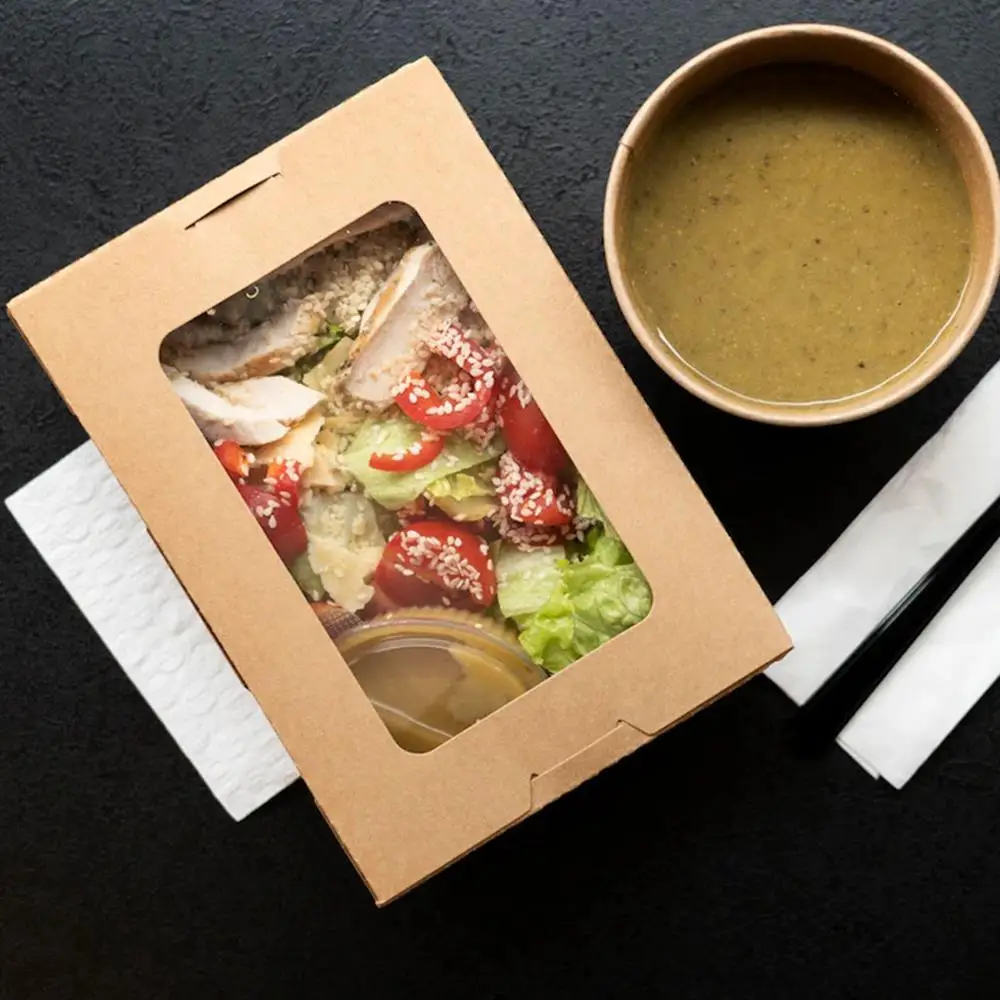 Custom food takeout delivery packaging korean disposable take away croissant lunch kraft paper sandwich box with window