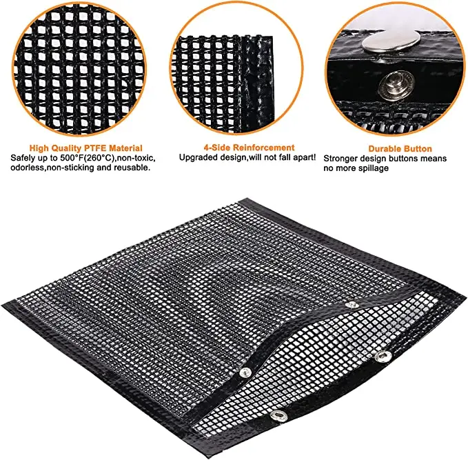 OEM Outdoor Non Stick Dishwasher Safe Ptfe Black Cooking Baked Barbecue Bag Pouches Reusable Mesh Bbq Grill Bag