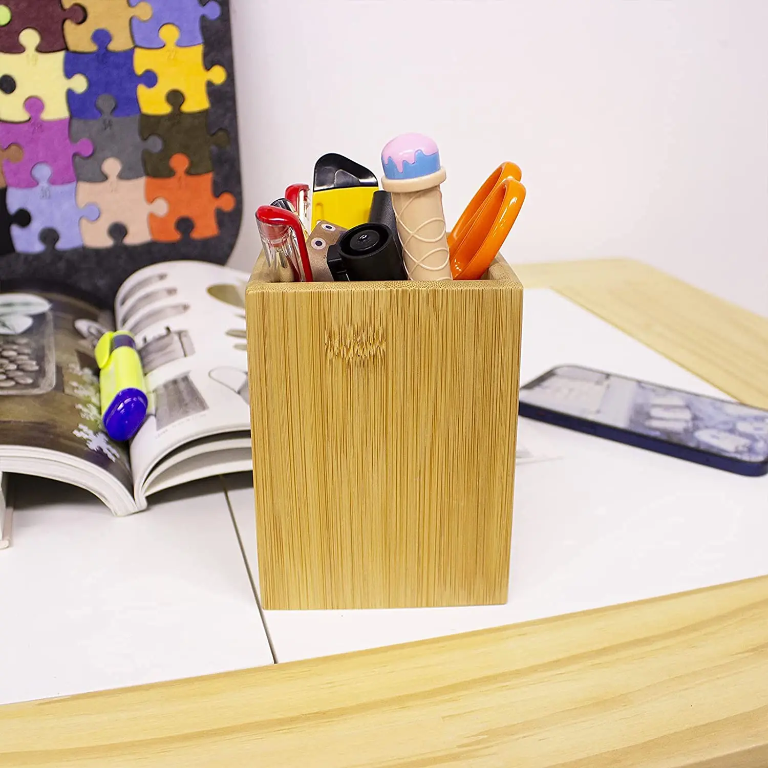 Custom office square wooden bamboo pen storage holder pencil organizer pen stand container