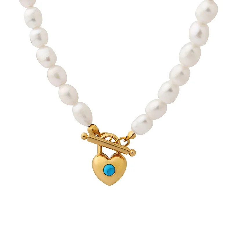 Aimgal 5mm natural freshwater pearl necklace blue turquoise lock pendant 316L stainless steel plated 18k gold