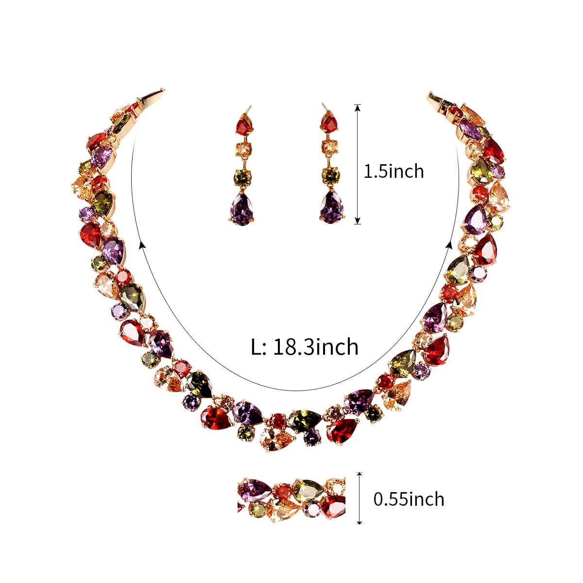 Rainbow Color Large Teardrop Cubic Zirconia CZ Crystal Necklace and Earrings Wedding Mona Lisa Jewelry Set