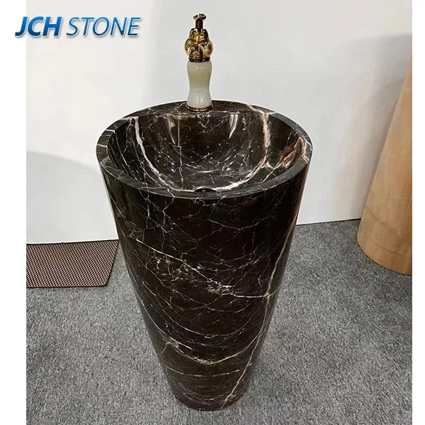 black marble stone pedestal shampoo sinks cylindrical washbasin free standing art wash basin
