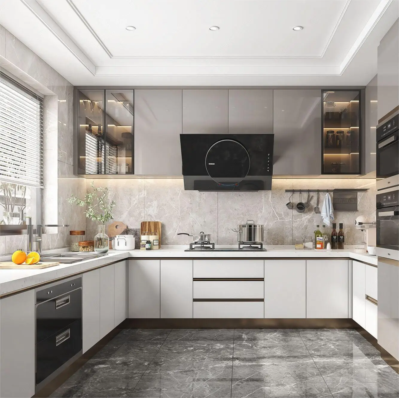 Белый лак кухонный шкаф Cucine с большим островом и высоким блоком бега