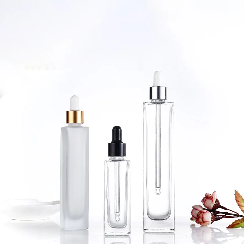 High rectangle transparent glass serum bottles 30 ml 50 ml 100 ml empty dropper glass bottles