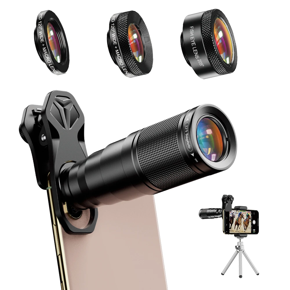 Apexel New Premium Universal Clip Optical Wide Angle Fisheye Macro 22X Telephoto Zoom 4in1 Lens Kit