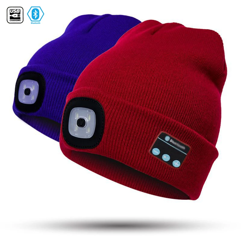 2021 LED Wireless BT Beanie Hats Winter Head Warmer With Lamp Rechargeable Music Orange Brown Beanie Winter Hats Accessories
