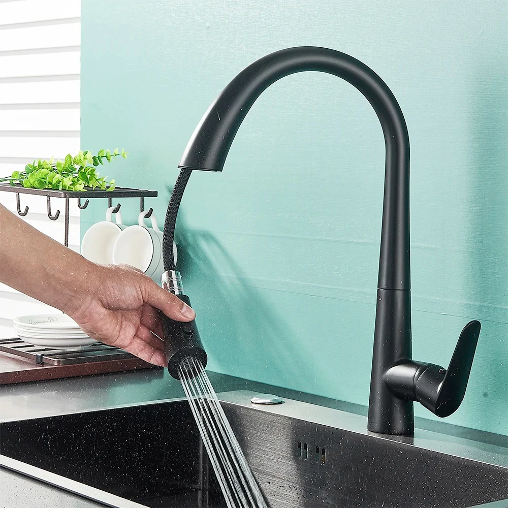 Black Kitchen Faucet Two Function Single Handle Pull Out Mixer Hot and Cold Water Taps Deck Mounted 360 Rotation Mixer Tap