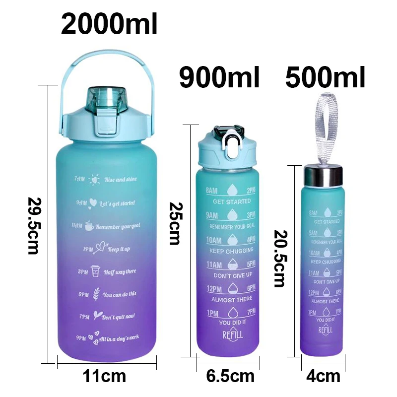 Custom 500ml 900ml 2000ml 3 In 1 Bpa Free Gradient Color Gym Fitness Sports Plastic Motivational Water Bottle With Time Marker