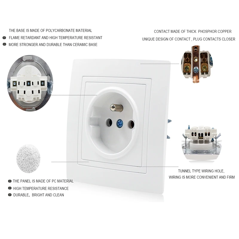 Hot sale Eu type wall socket 220V 16A white pc panel copper high quality french socket 10 years warranty