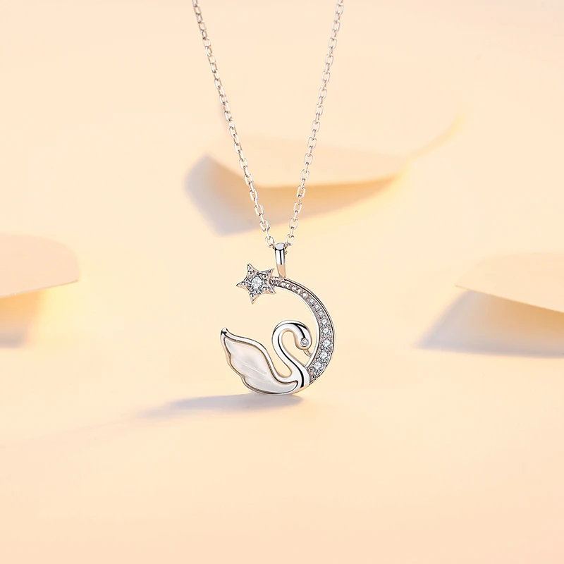 New Arrivals Zircon Star Moon Pendant Chain Necklace 925 Sterling Silver White Shell Swan Necklace