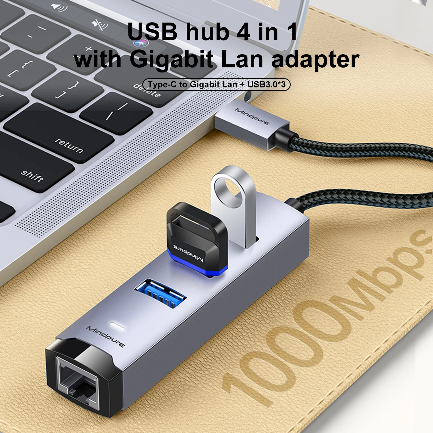 Mindpure Aluminum Usb-C To Lan Otg Adapter 4 Port Ethernet Hub Usb A To 1000Mbps Gigabit lan Ethernet Adapter For Laptop Tablets