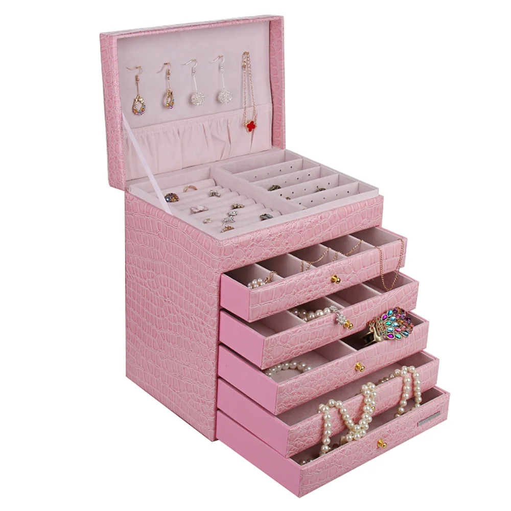 Wholesale Custom Logo Large Capacity Crocodile Print Pink Crocodile Print Faux Leather, multi-drawer jewellery storage box