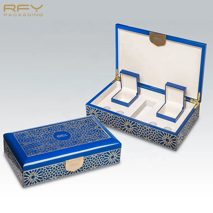 Luxury custom lacquer black blue perfume bottle jewelry organizer wood box for gift pack