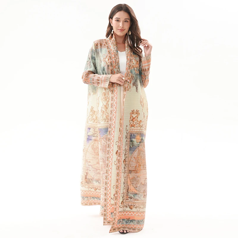 Factory Customized Miyake Open Abaya Print Kaftan Robes Pleated Lady Coat Commuting  Casual Long Dress Mid-East