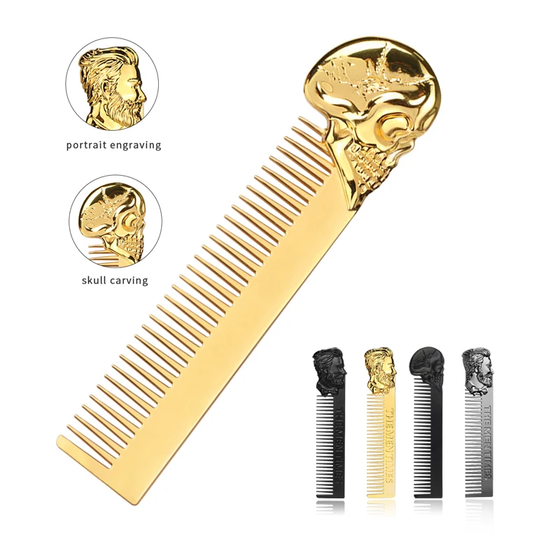 Wholesale Custom Logo Gold Skull Zinc Alloy Metal Beard Comb Oil Hair Gentleman Shaping Tool Zinc Alloy Metal Portable Comb