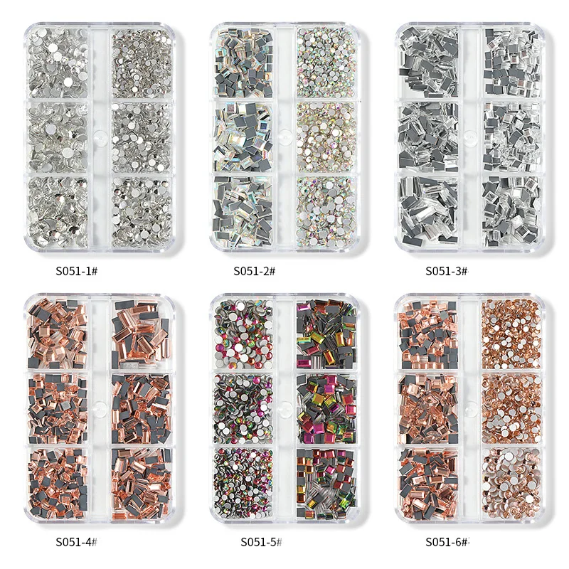 Wholesale 6 Grid Nail Rhinestones Kit 3D Round AB Crystals For Nails And Multi Shapes Glass Rhinestones And Nail Diamonds