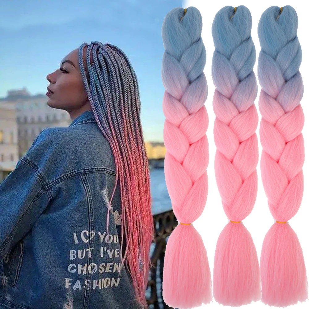 wholesale Ombre Braiding Hair synthetic crochet braiding hair Pre stretched Light Blue pink Braiding Hair Extensions