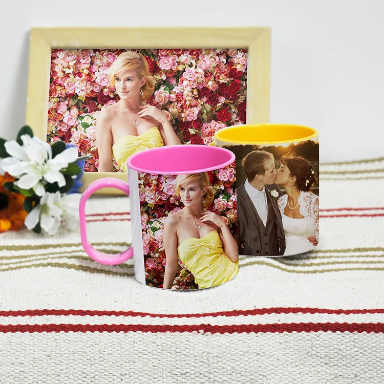 11oz Custom Printed Coffee Cup Blanks Sublimation  Plastic Inner Color Mug With Handle