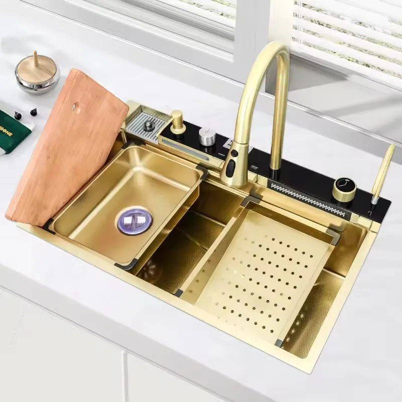 304 Stainless Steel kitchen sink Digital Display Multifunction faucet gold Waterfall Kitchen Sink with Cup Washer