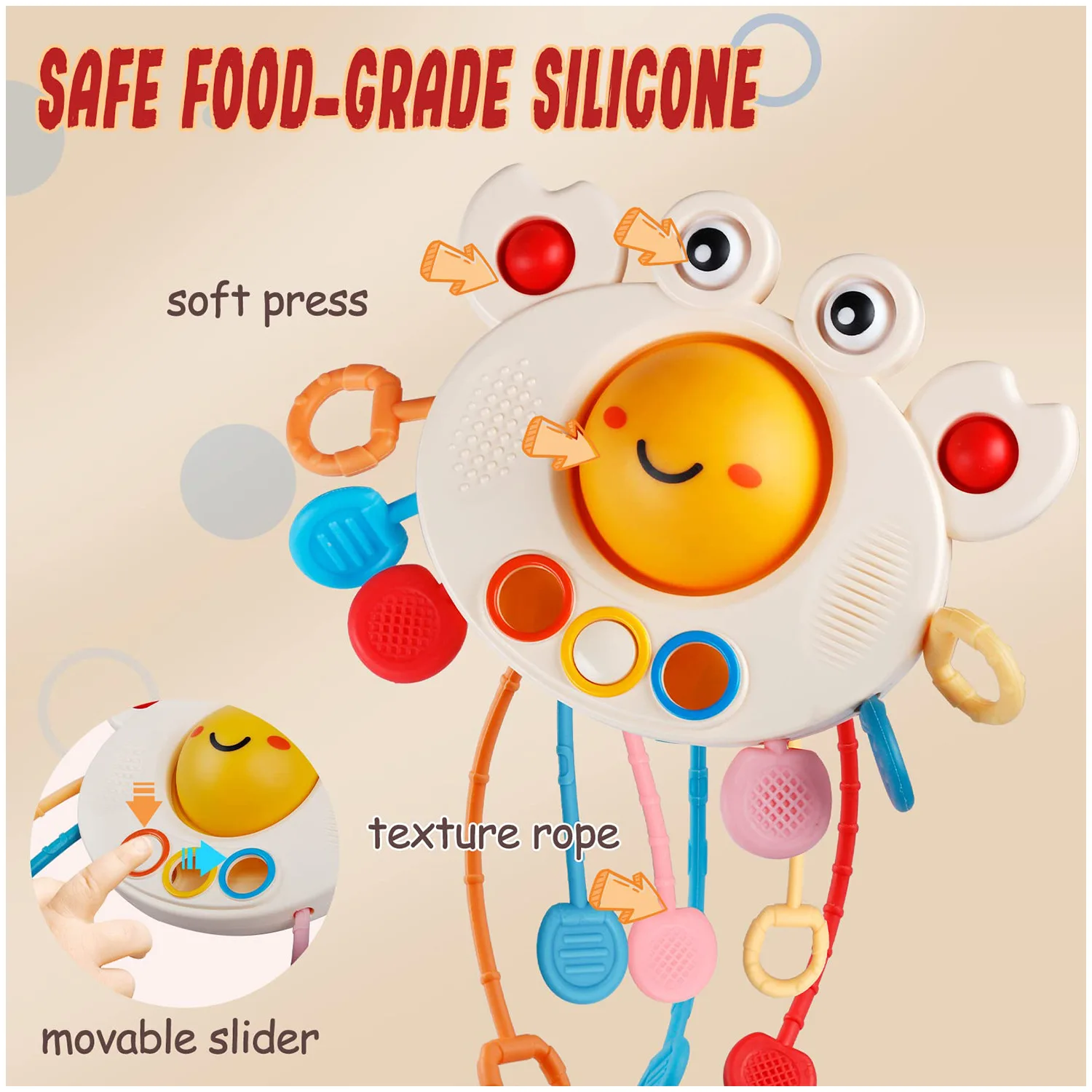 2024 New Cute Crab Baby Sensory Pull String Rope Toy Silicone Drawstring Montessori Sensory Toys Baby Soothing Toys