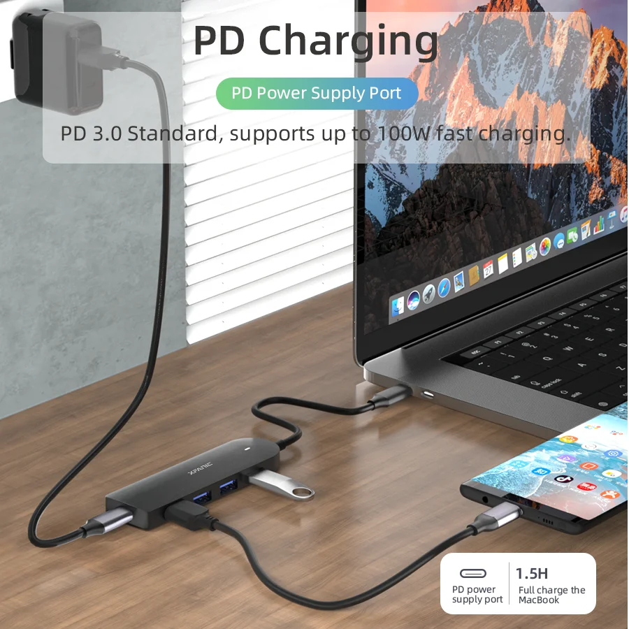 
Factory Price Black ABS Multi Usb C Hub 4 Port Usb-3.0-Hub With 100W PD Charging 