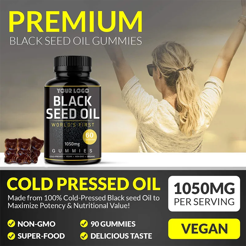Factory Food Grade Black Seed Oil Gummies 1050mg Made From 100% Cold-Pressed Super 90