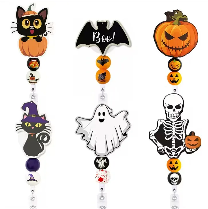 New Halloween Pumpkin Ghost Skull  Witches  Black Cats Bats  Badge Reel Holder Cartoon  ABS PVC Nursing Name Tag Card  Clip
