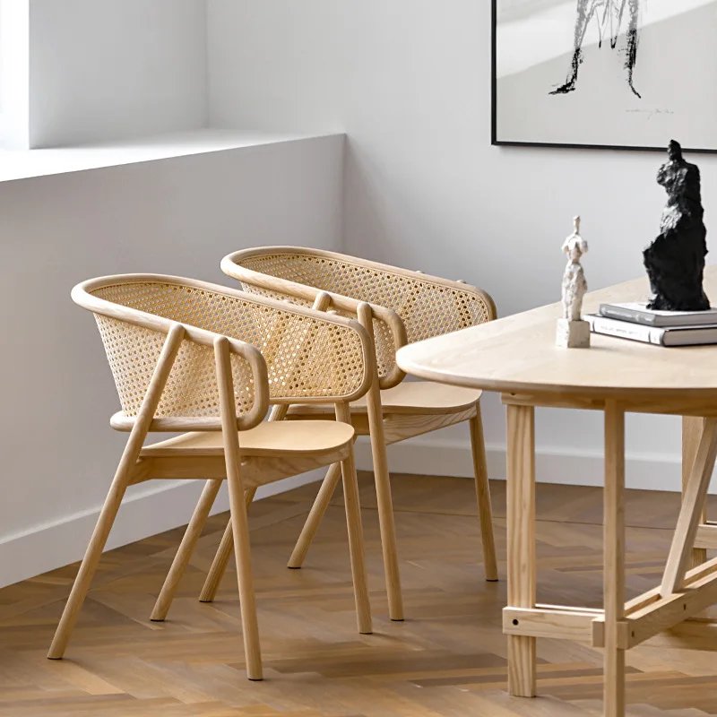 HANYEE Modern Elegant Luxury Antique Design Vintage Hotel Ash Solid Wooden Rattan Arm Wood Dining Chair