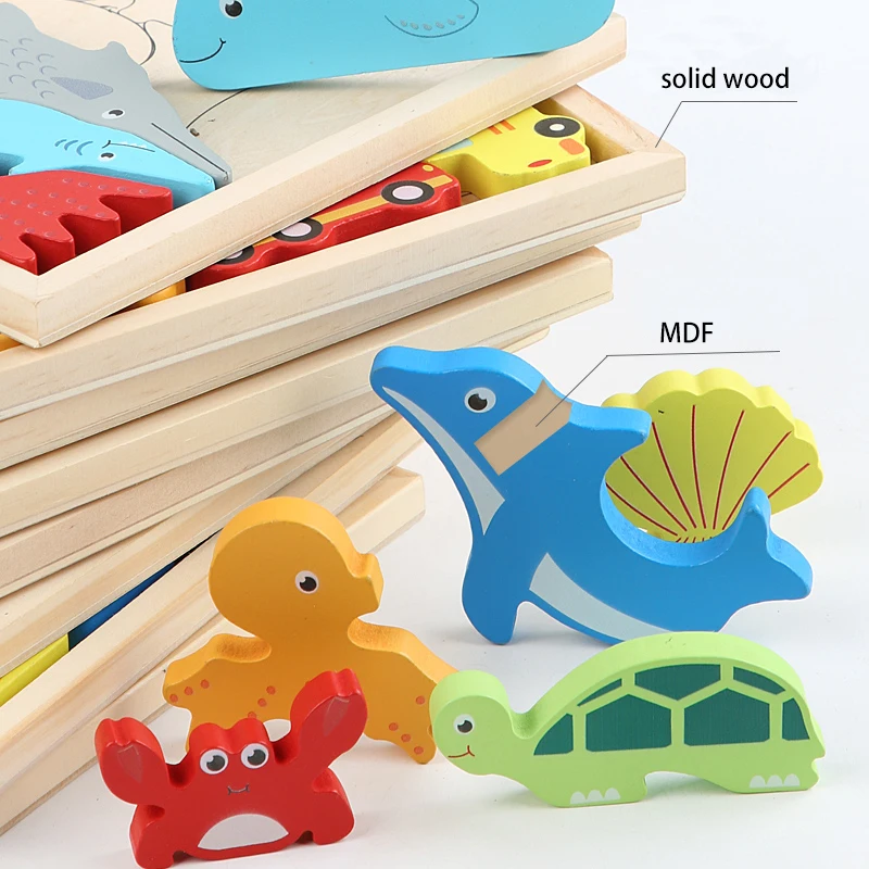Wooden puzzles for kids Creative DIY building blocks paired with cartoon animal 3D jigsaw puzzle early education enlightenment