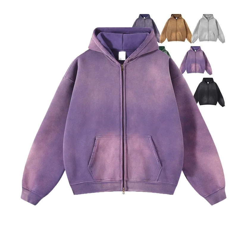 Custom cropped boxy Hoodie Cotton hoddie blank distress Vintage Zip Up stone Acid sun fade Wash Hoodie men Clothing Manufacturer
