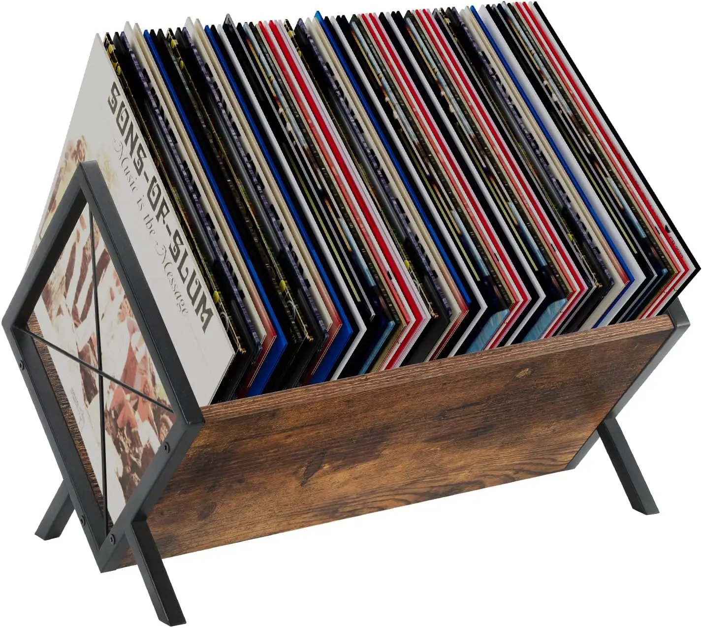 Multifunctional wooden and metal magazine and record rack - a must-have for modern home storage.
