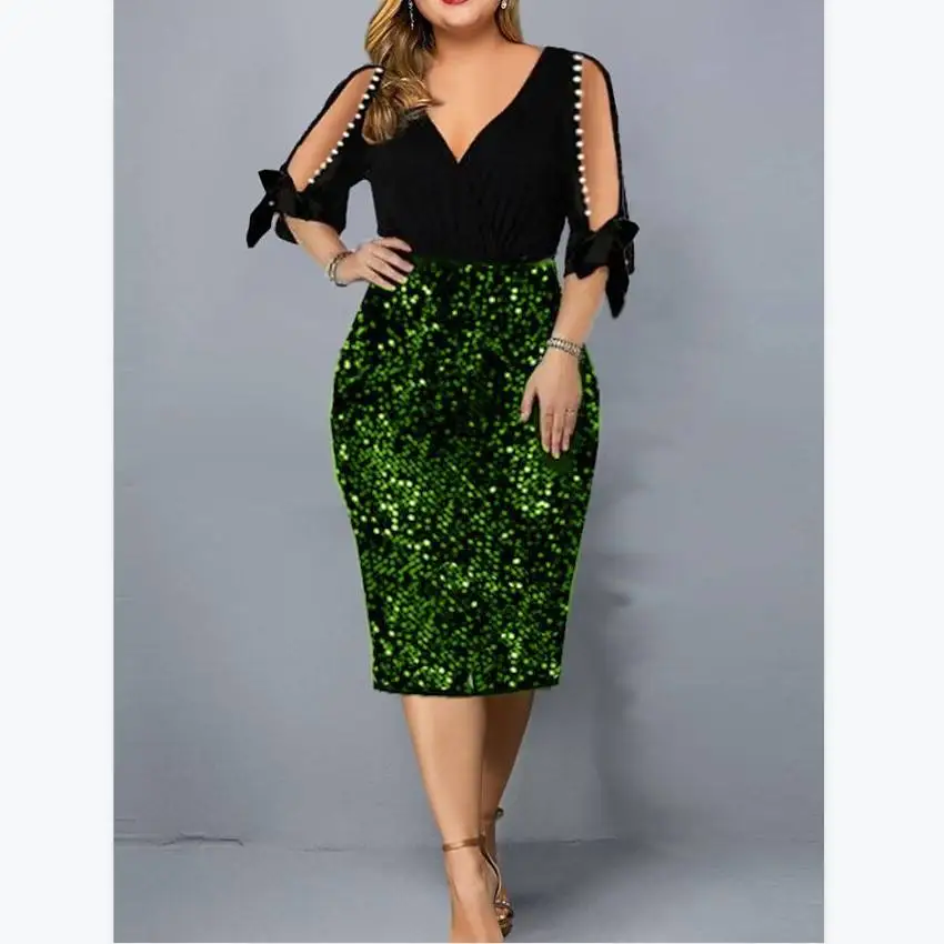 New Fashion Europe And American V-neck Personality Sequin Design Sexy Bodycon Party Dress Women Half Sleeve Plus Size Dresses