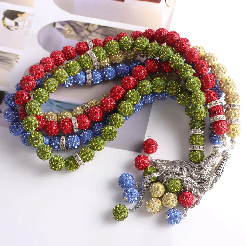 JC Glass rhinestone rosary hot sale 10mm muslim custom tassels rosary necklace wholesale