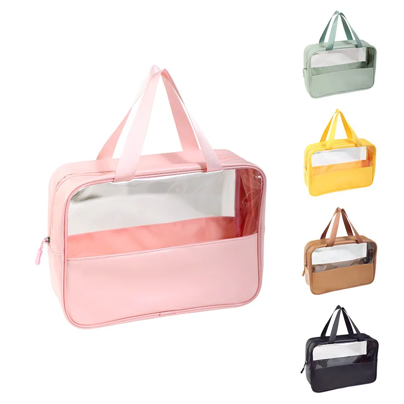 Women Carrying Toiletry Bag Custom Color Handle Transparent PVC Waterproof Shampoo Cosmetic Makeup Pouch Case Girls Storage Bag