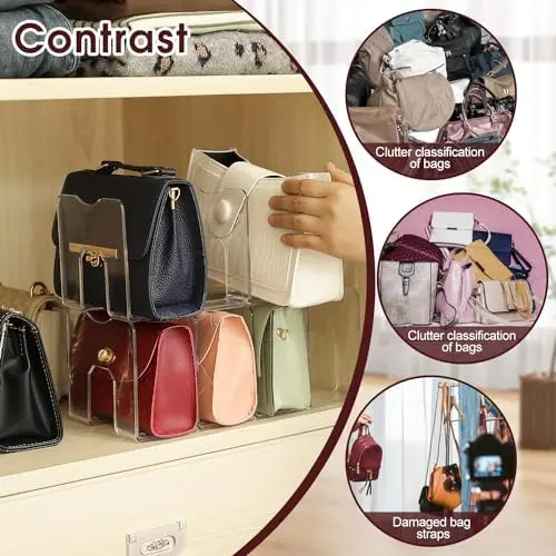 Clear Plastic Closet Organizer for Purse and Handbag Desk File Sorter with 4 Storage Shelves and Dividers Display Rack