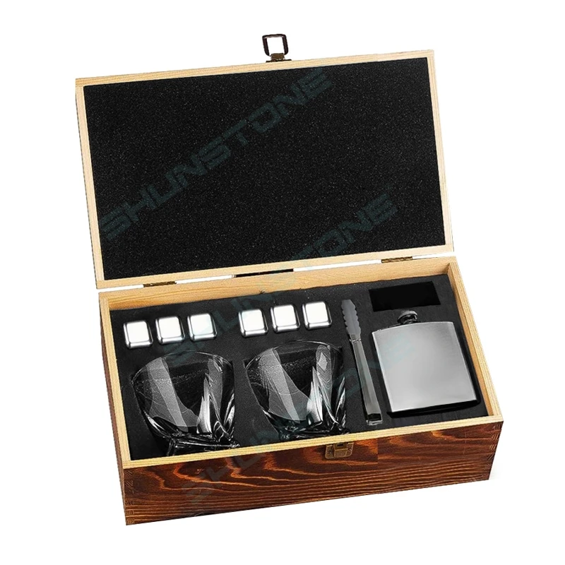 Shunstone Custom Twist Whiskey Glasses And Hip Flask Gift Set With Stainless Steel Whiskey Chiliing Stones Gift Set For Men