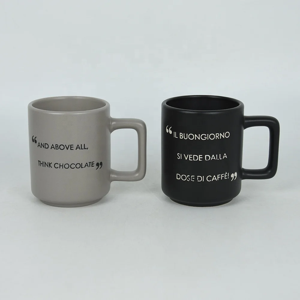 9OZ 2 COLORS STONEWARE CAN SHAPE COFFEE MUG WITH SILK SCREEN FOOD SAFE CERAMIC ENGLISH WORD DESIGN SIMPLE STYLE FOR HOME MARKET