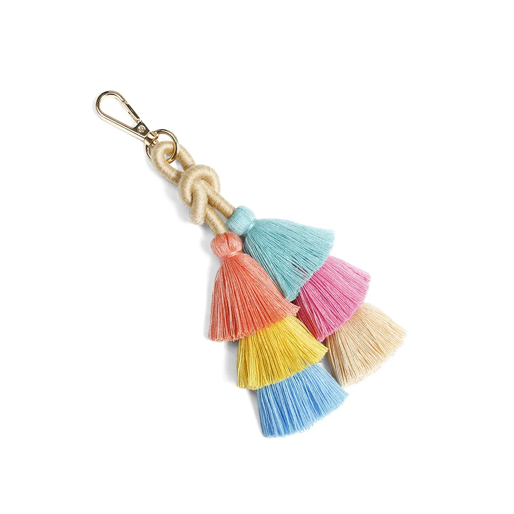 Boho Bag Pendant Bohemian Multi Color Tassel Bag Charm Pom Pom Purse Charm Handbag Charm Pompom Key Chain Tassel Keychain Wood