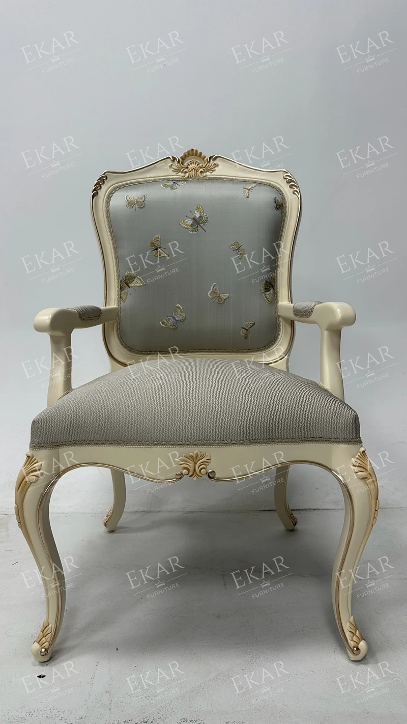 French Style Fabric Antique Wooden Carved Dining Armchair Solid Wood Frame Dining Chairs with Armrests