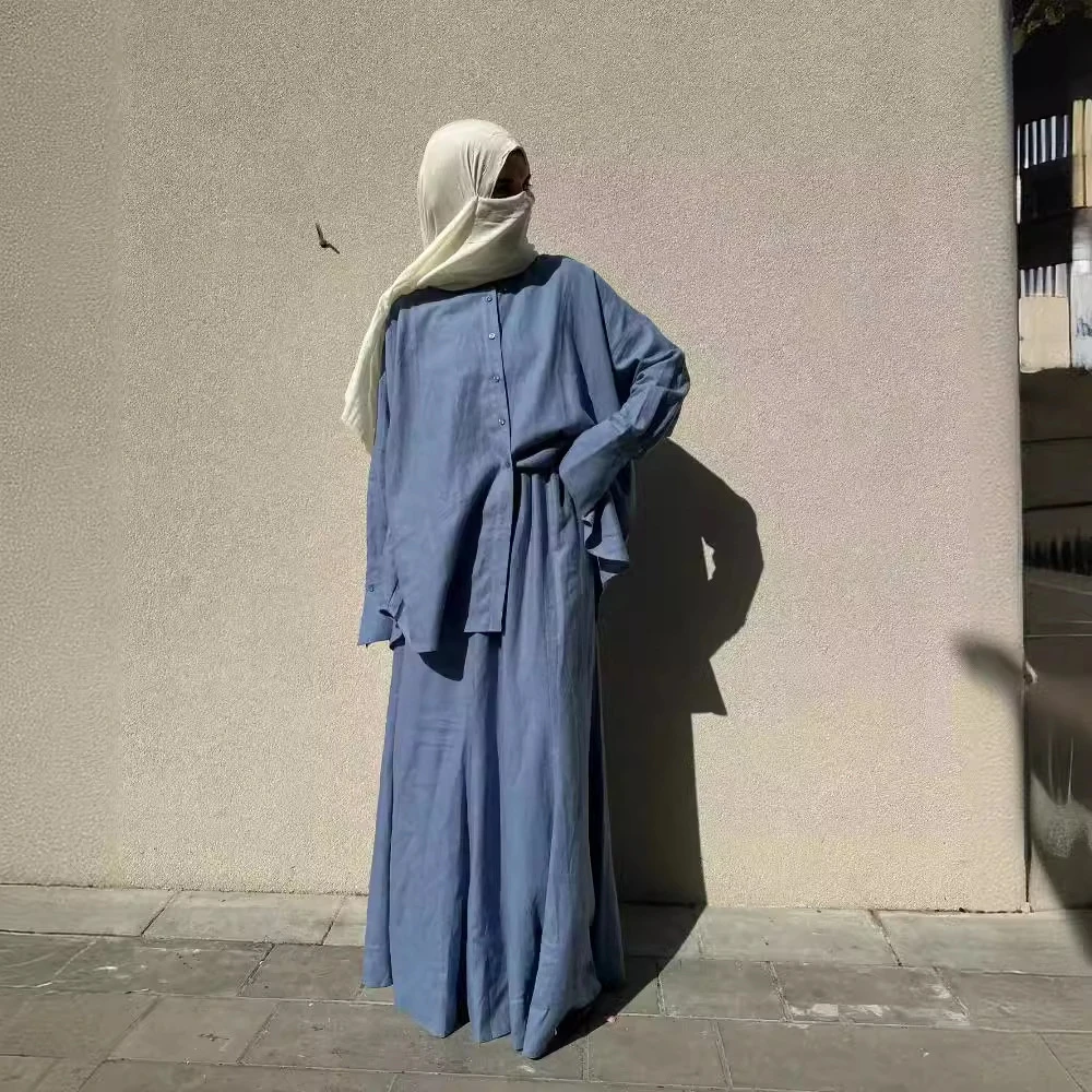 Women Shirts Kimonos Abaya 2 Piece Set Skirt Ladies Casual Wind Wholesale Dubai Turkey Women Muslim Dress Islamic Clothing 2024