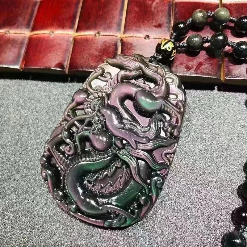 High Quality Natural Rainbow Obsidian Crystal Chinese Dragon for Pendant