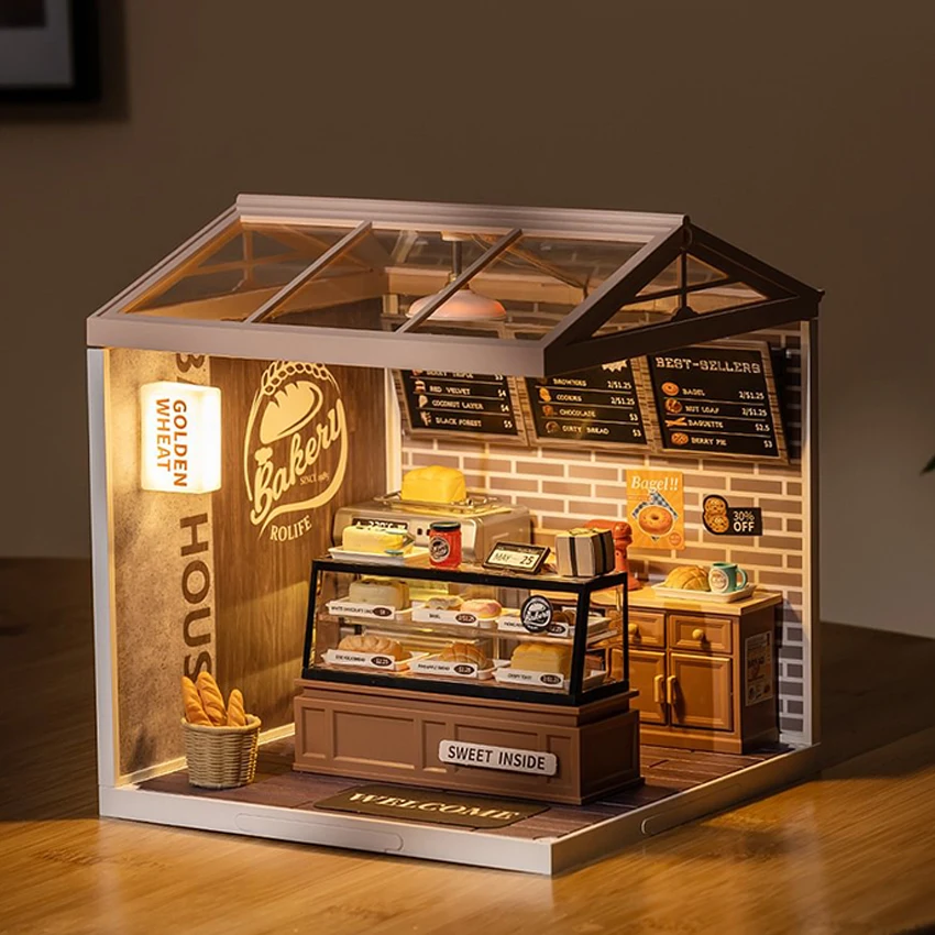 Robotime Rolife Contact Get 25% off 3D Plastic Puzzle DW005 Golden Wheat Bakery DIY Miniature Doll House With Light
