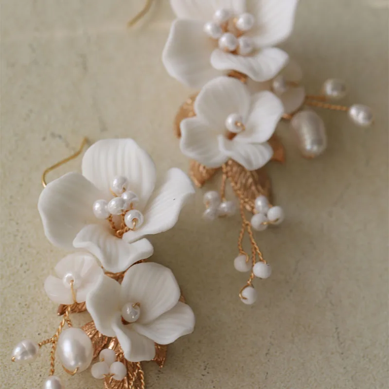 SLBRIDAL Ins Style Sparkling Zircon Crystal Rhinestones Porcelain Flower Freshwater Pearls Bridal Wedding Earring Women Earrings